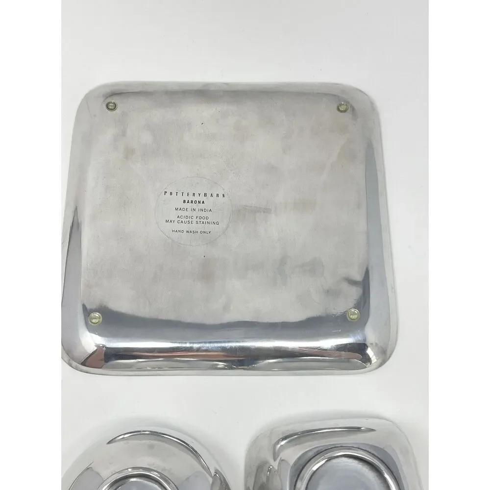 Pottery Barn Barona Condiment Snack Tray Bowls Square Silver Aluminum Party Set